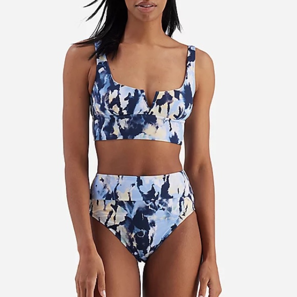 High-Waist Blue Tie-Dye Bikini Set